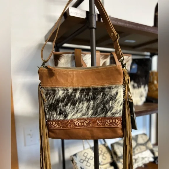 NEW Myra Bag Hand-Tooled Leather Cowhide Fringe crossbody festival flower Gift 💡 - Picture 1 of 9